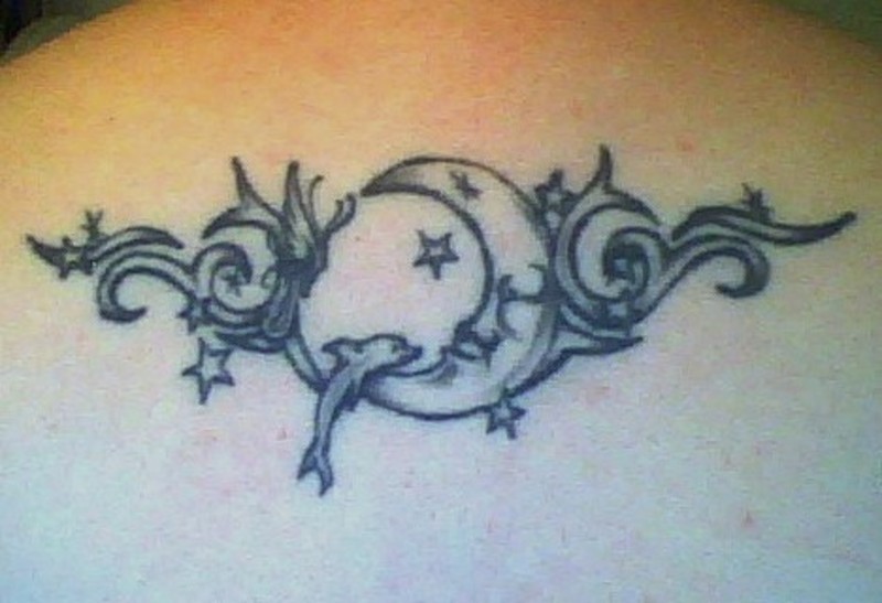 Moon And Stars Dolphin Tattoo On Left Back Shoulder