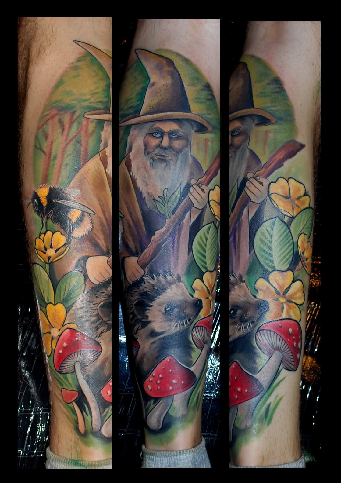 Mushroom And Wizard Tattoo On Leg