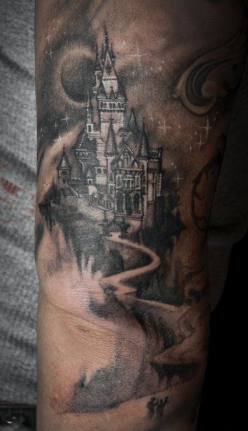 Nice Grey Ink Wizard And Castle Tattoo On Left Sleeve