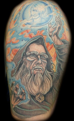 Nice Wizard Tattoo On Half Sleeve