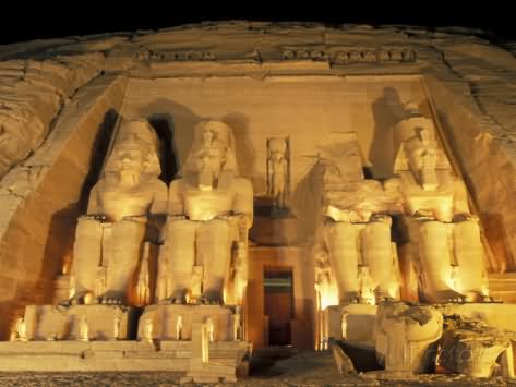 Night Shot Of The Entrance To The Temple Of Ramses II In Abu Simbel, Egypt