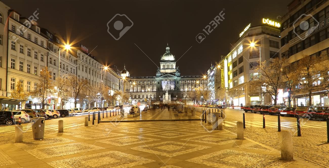 Night View Of Wenceslas Square In The New Town Of Prague