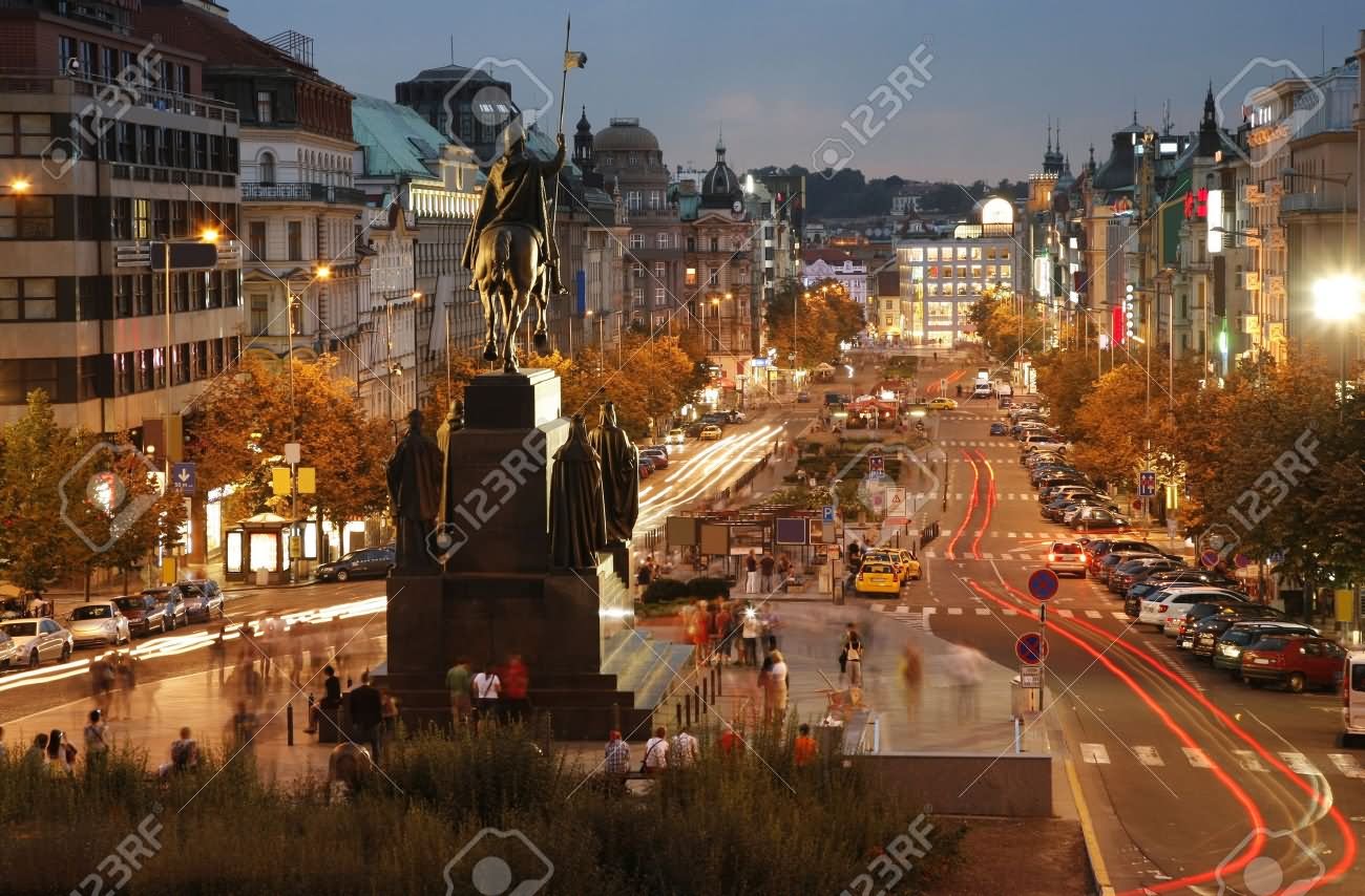 Night View Of Wenceslas Square, Prague With Motion Lights
