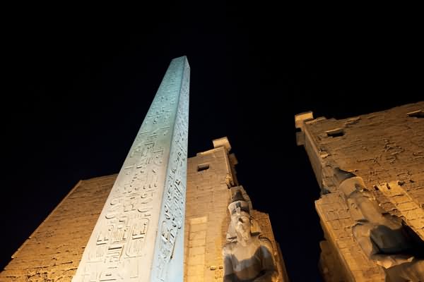 Obelisk At Luxor Temple During Night
