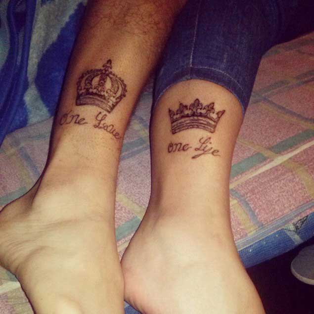 One Love One Life - King And Queen Crown Tattoo On Couple Leg