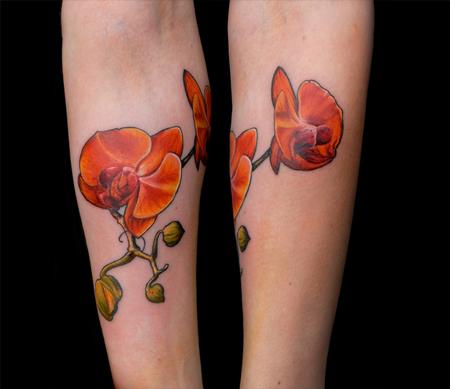 Orange Orchid Tattoo On Arm