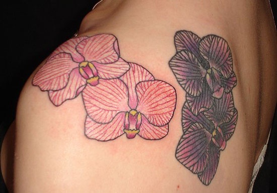 Orchid Flowers Tattoo On Back Shoulder For Men