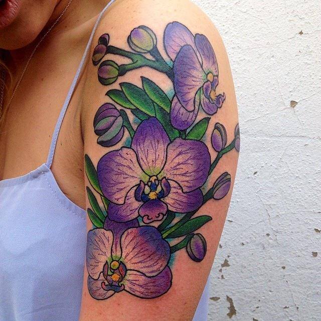 Orchid Tattoo On Girl Left Half Sleeve