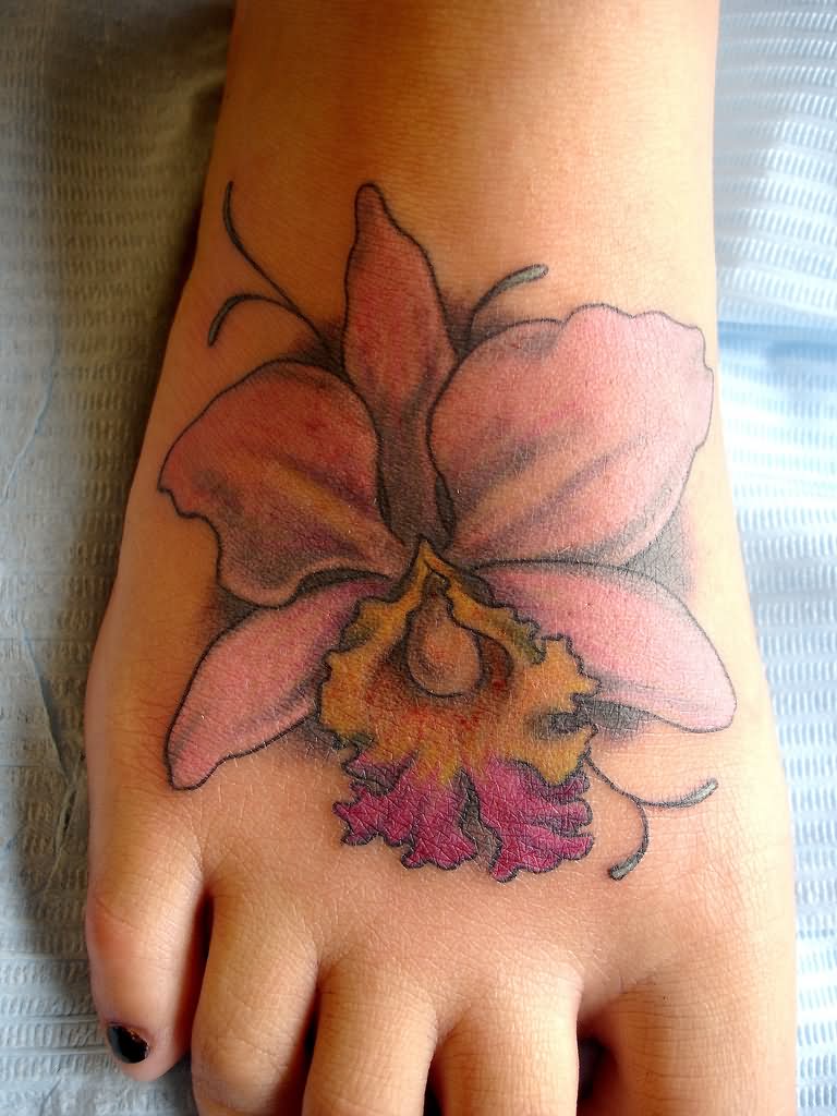 Orchid Tattoo On Girl Right Foot