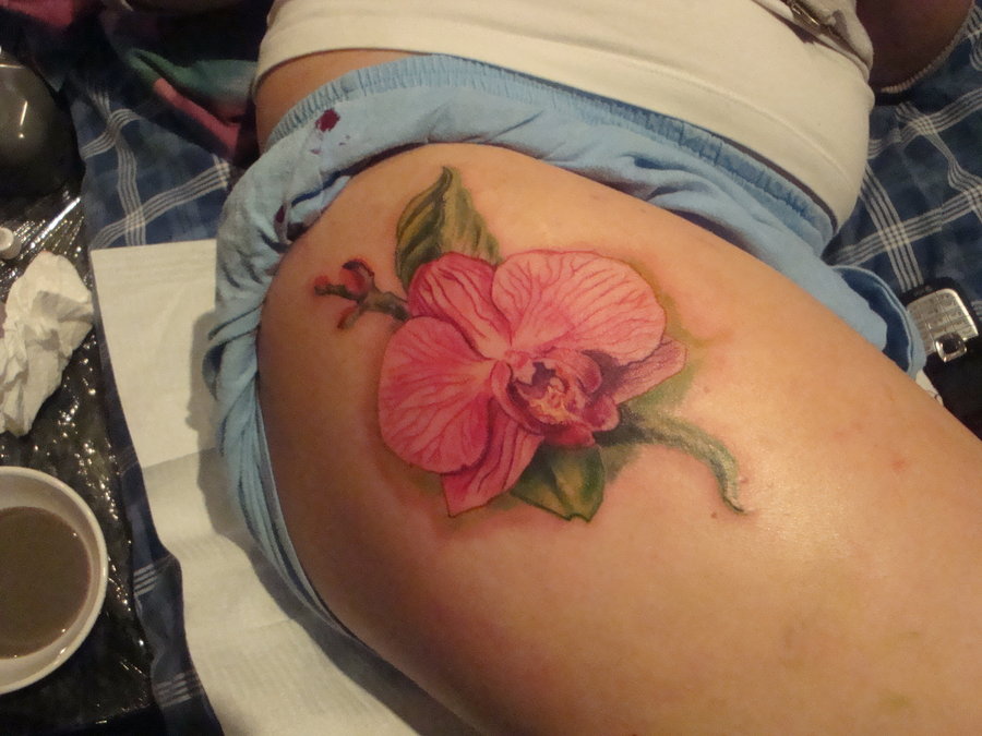 Orchid Tattoo On Girl Side Thigh