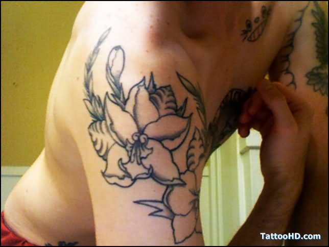 Orchid Tattoo On Right Shoulder For Men