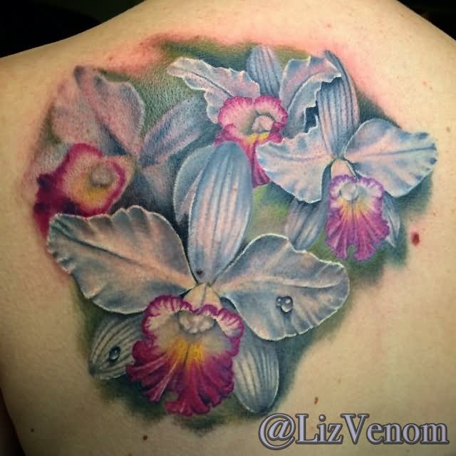Orchid Tattoos On Left Back Shoulder by Liz Venom