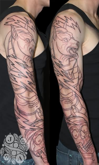 Outline Anubis Tattoo On Full Sleeve