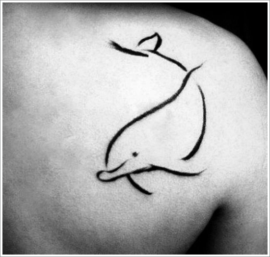 Outline Dolphin Tattoo On Right Back Shoulder
