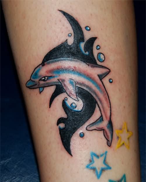 Outline Stars And Black Tribal Dolphin Tattoo