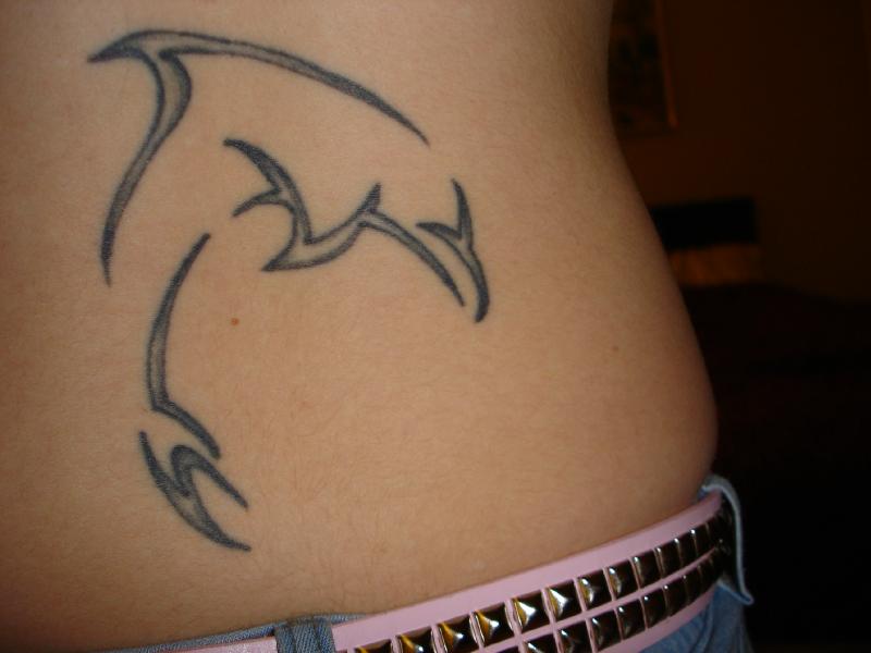 Outline Tribal Dolphin Tattoo On Lower Back