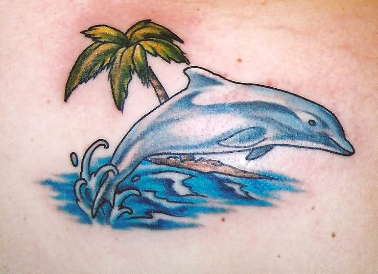 Palm Tree And Dolphin Tattoo
