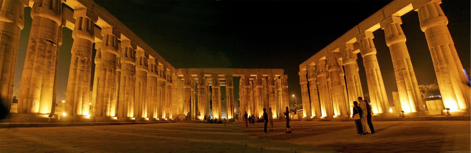 Panorama View Of Columns Inside The Luxor Temple At Night