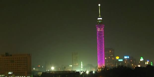 Pink Lights On The Cairo Tower At Night