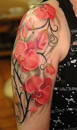 Pink Orchid Flowers Tattoos On Half Sleeve