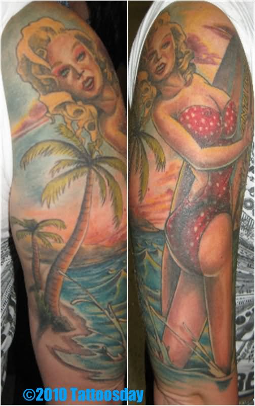 Pinup Girl With Beach Scenery Tattoo On Half Sleeve