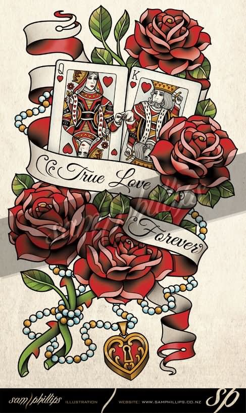 Queen And King Of Hearts With Roses And Banner Tattoo Design