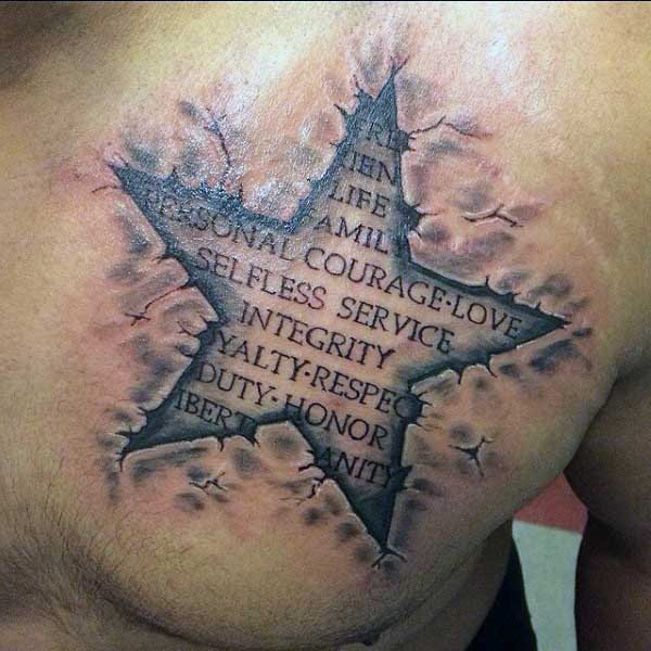Quote In Torn Ripped Skin Star Tattoo Design For Chest