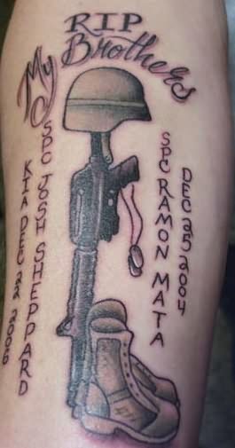 RIP My Brother - Memorial Military Boots Rifle Helmet Tattoo Design For Sleeve