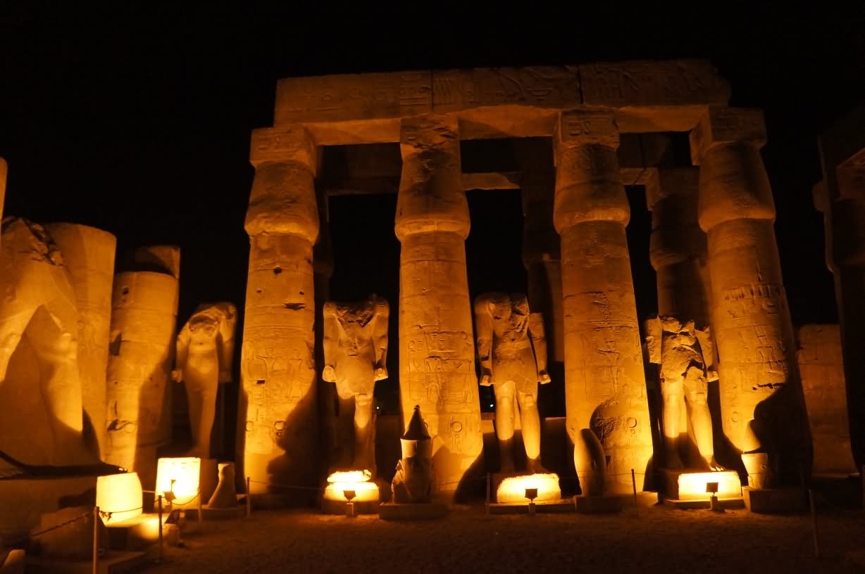 Ramses Sculptures Inside The Luxor Temple At Night