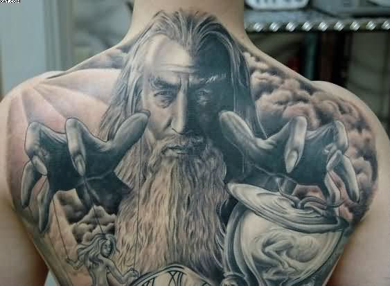 Realistic Black and Grey Wizard Tattoo On Upper Back
