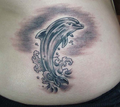 Realistic Grey Dolphin Tattoo On Lower Back