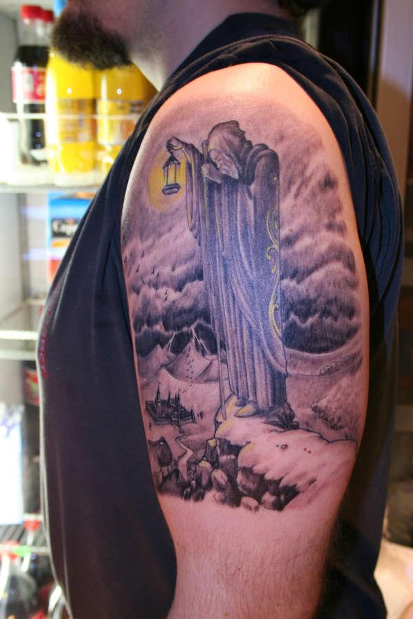 Realistic Grey Ink Wizard Tattoo On Left Half Sleeve