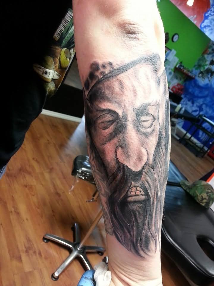 Realistic Grey Wizard Tattoo On Right Arm