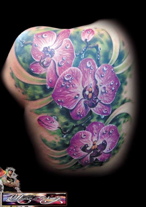 Realistic Purple Orchid Tattoo On Left Back Shoulder