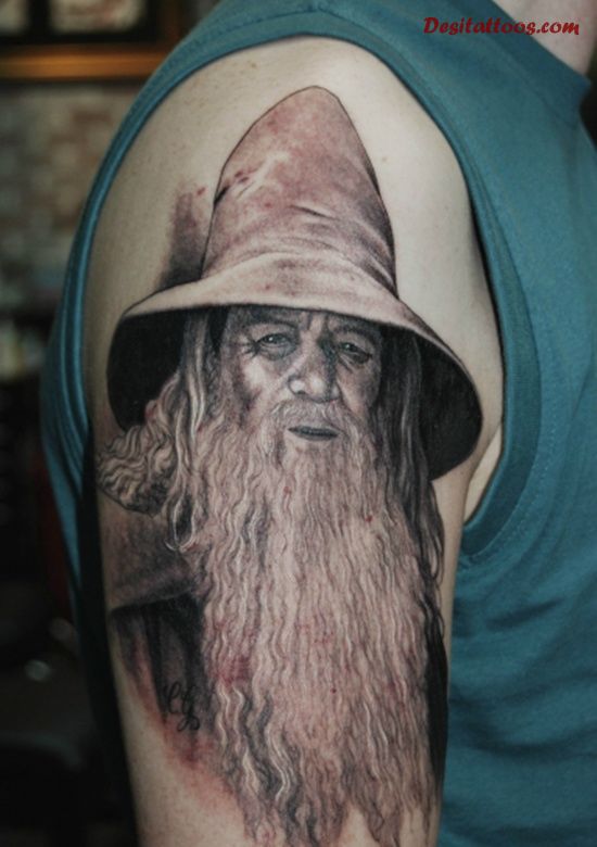 Realistic Wizard Tattoo On Right Half Sleeve