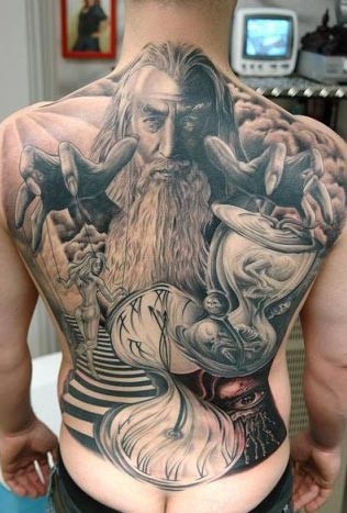 Realistic Wizard And Dragon Tattoo On Full Back