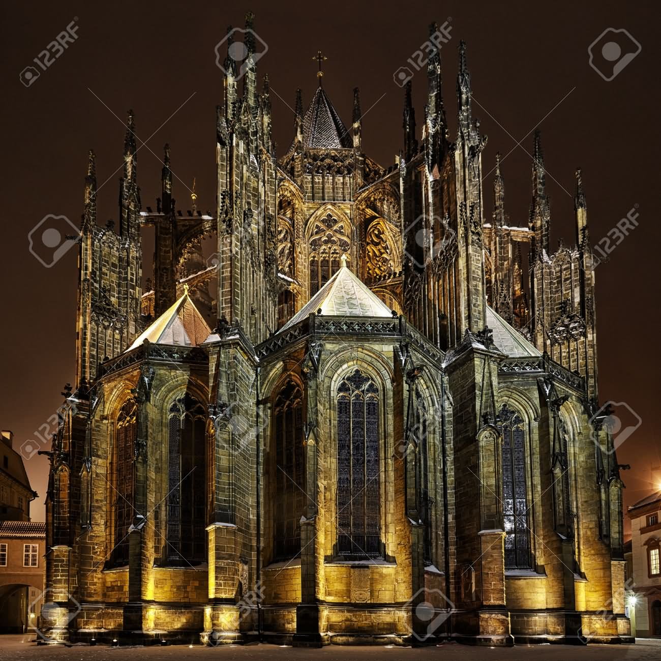 Rear View of St Vitus Cathedral At Winter Night