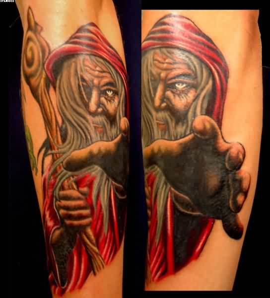 Red Dressed Wizard Tattoo On Left Arm