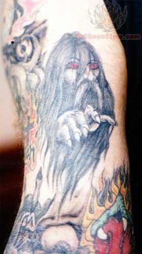 Red Eyes Wizard Tattoo On Half Sleeve