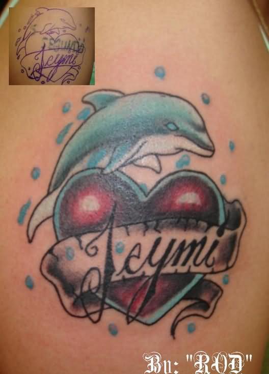 Red Heart And Dolphin Tattoo