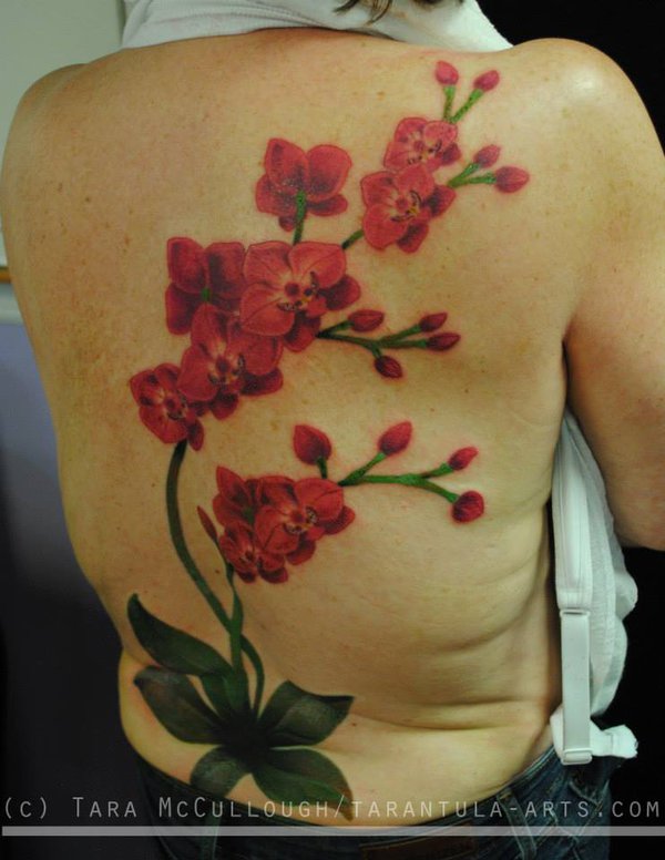 Red Orchid Tattoos On Full Back by Tarantula