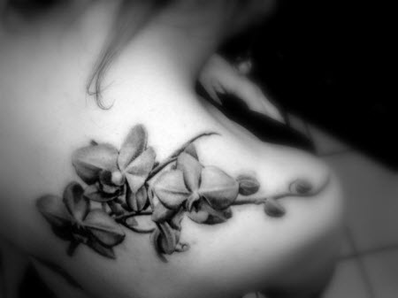 Right Back Shoulder Black And White Orchid Tattoo