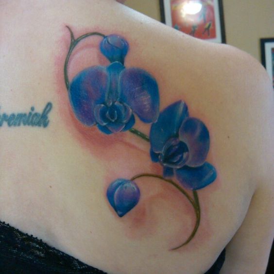 Right Back Shoulder Blue Orchid Tattoo by Jason Begay