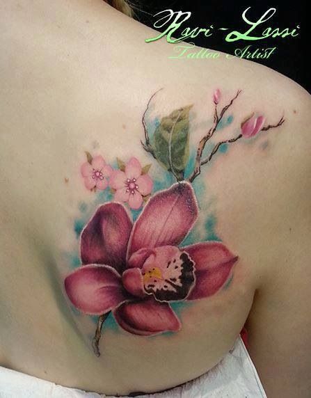 Right Back Shoulder Orchid Flower Tattoo by Rosri Lossi