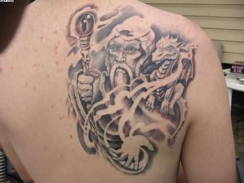 Right Back Shoulder Wizard With Crystal Ball Tattoo