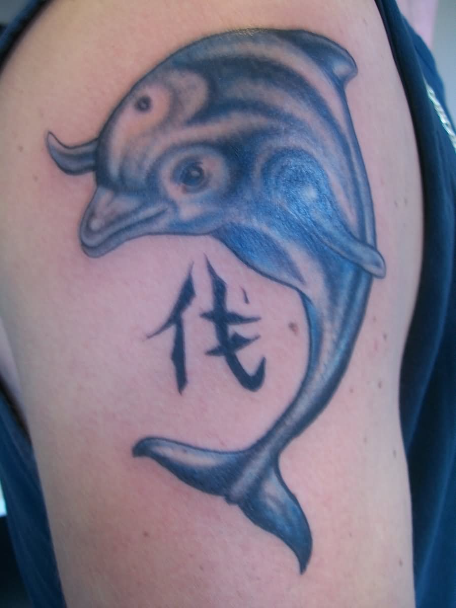 Right Shoulder Blue Dolphin Tattoo
