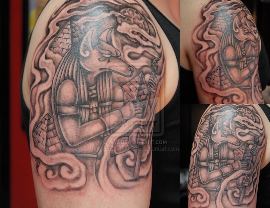 Right Shoulder Grey Ink Anubis Tattoo