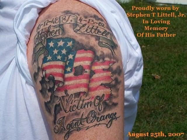 Ripped Skin Military Flag With Banner Tattoo On Shoulder