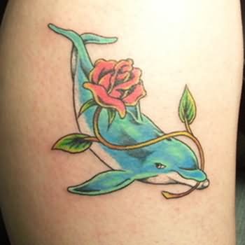 Rose Flower Dolphin Tattoo On Right Bicep
