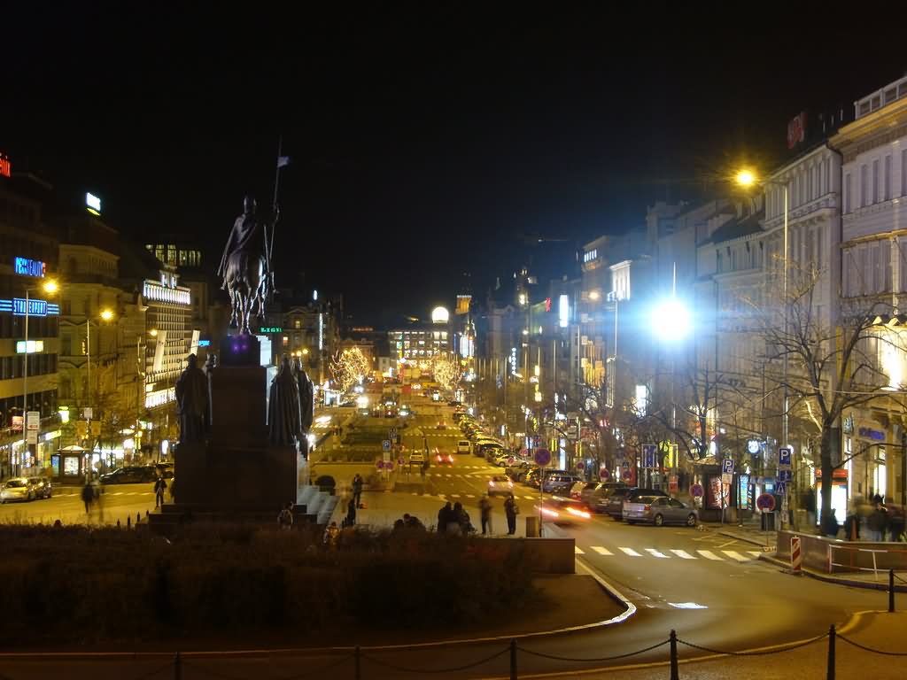 Saint Wenceslas Monument At Wenceslas Square At Night